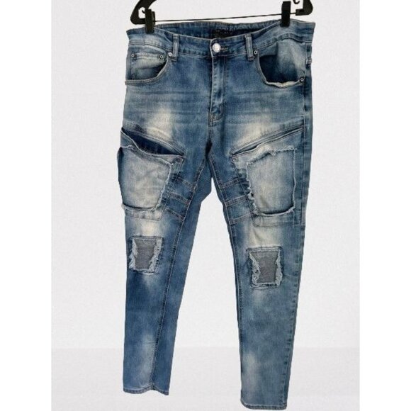 Krome Moto Jeans Distressed Ripped Denim Blue Skater Hip Hop Unisex Size 32/32
